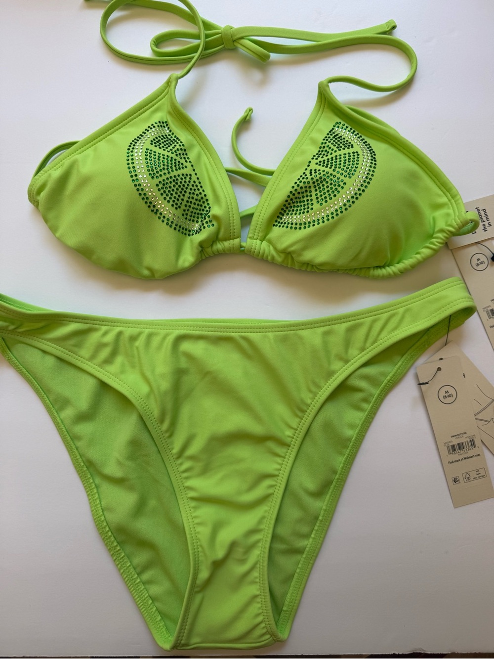 Neon Lime Triangle Bikini Set with Lime 🍋🟩 Embellished Rhinestones Detail.